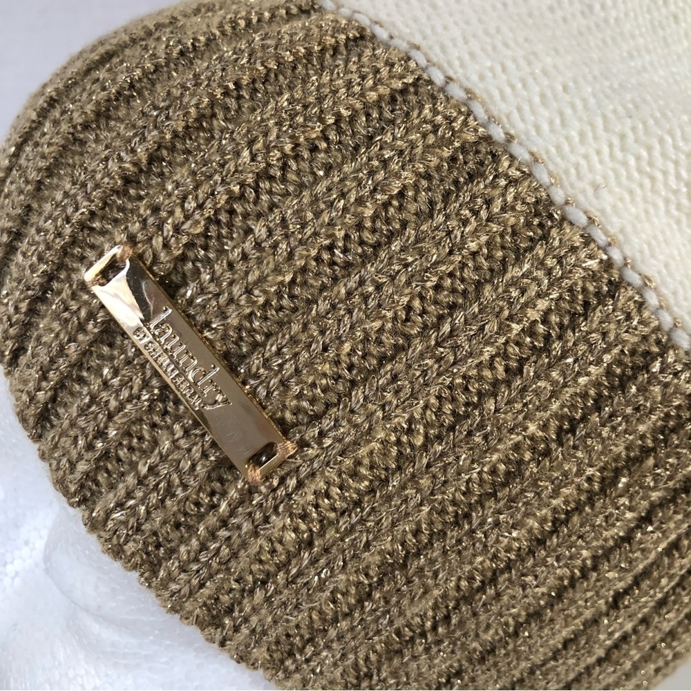 LAUNDRY BY SHELLI SEGAL Alpaca Wool Blend Ribbed Gold Shimmering Trim Beanie OS - Picture 2 of 14